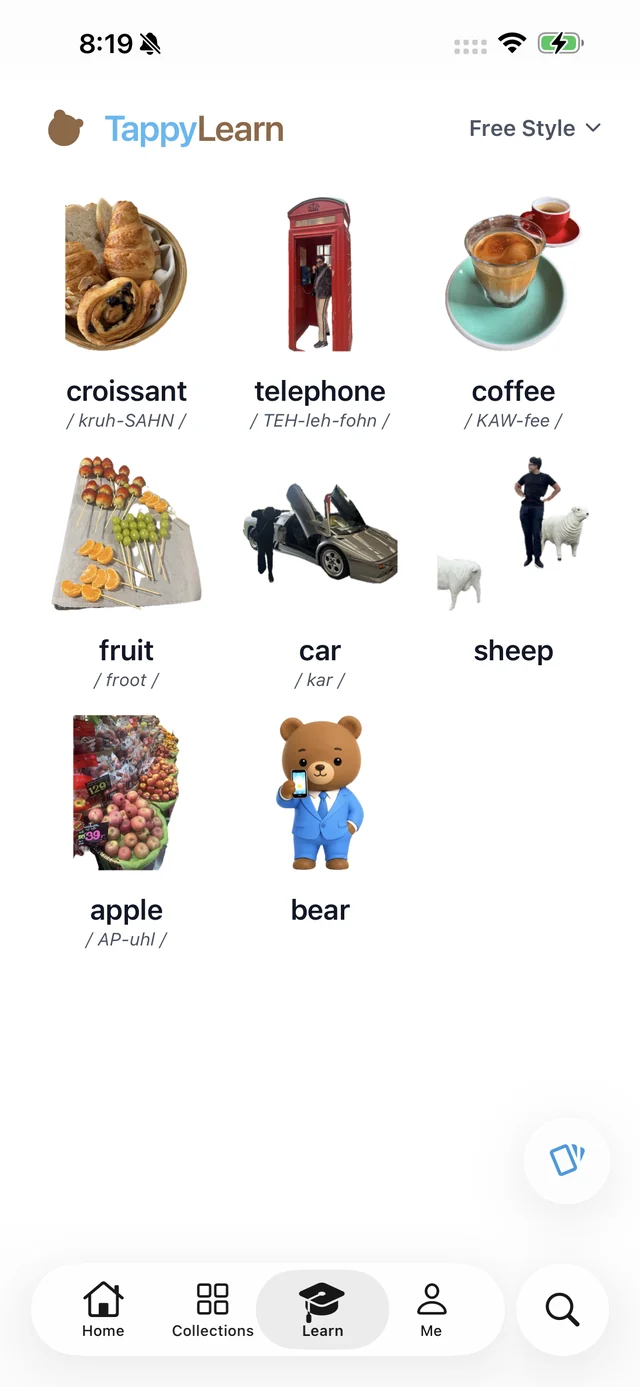 A grid of captured objects, each with its word underneath